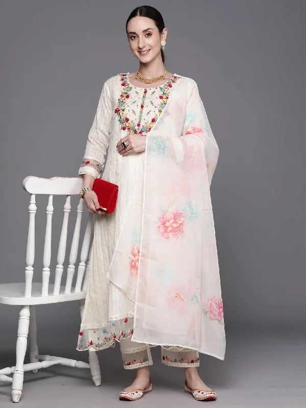 Women's Off White Embroidered A-Line Kurta Trousers With Dupatta Set - Indo Era Trousers chic elegant