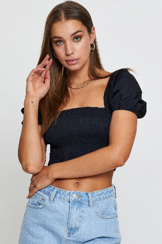 Black Crop Top Short Sleeve Sequined Glittery Shiny