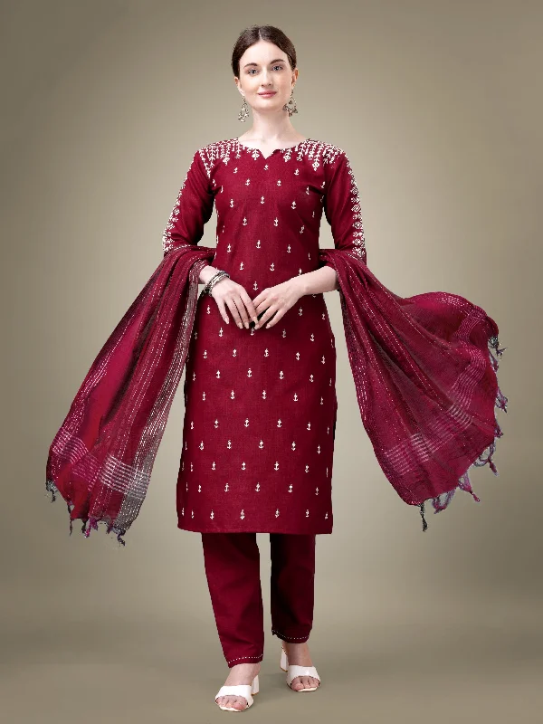 Women's Maroon Cotton Blend Embroidery & Sequence Work Kurta With Trouser & Dupatta - Jyoti Fashion Trousers Running Lightweight