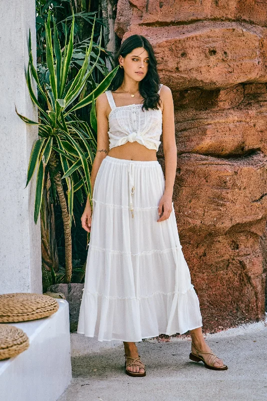 Marina White Seashell Tiered Maxi Skirt leather skirt refined