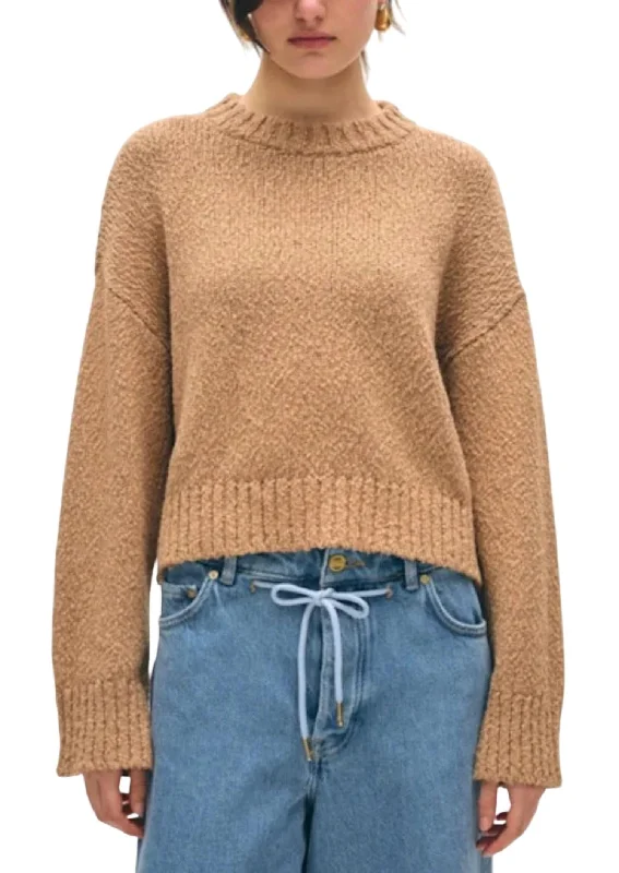 Cotton Slub Easy Crewneck Sweater In Chestnut Boat Neck Shawl Collar Notched Collar
