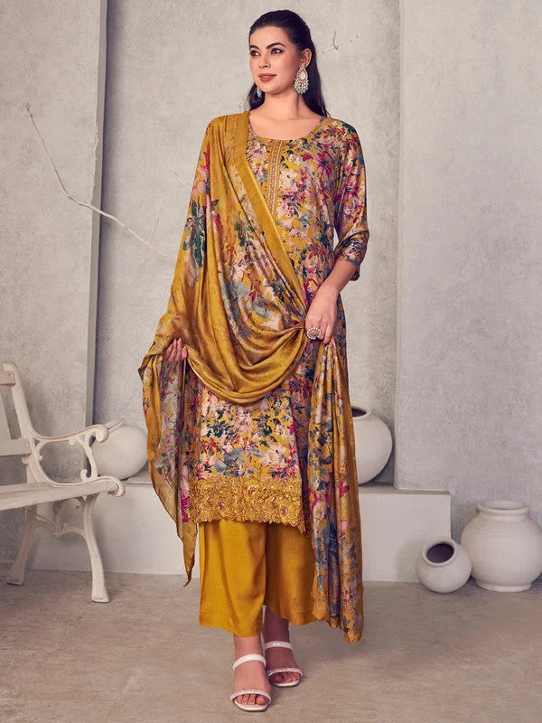 Women's Mustard Pure Pashmina Digital Print With Jacquard Woven Kurta With Trouser & Dupatta - Jyoti Fashion Trousers Polka Dot Cute