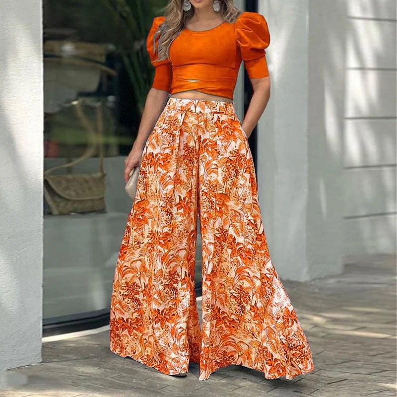 2022 autumn new women's puff sleeves long-sleeved top loose printed trousers fashion casual Wide leg pants suit women oufit Trousers Favorite Customer