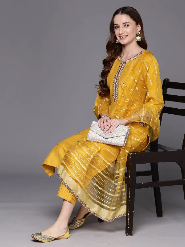 Women's Yellow Embroidered Straight Kurta Trousers With Dupatta Set - Indo Era Trousers Versatile Stylish