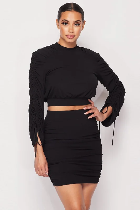 Ruched Long Sleeve And Skirt Set leather skirt modern