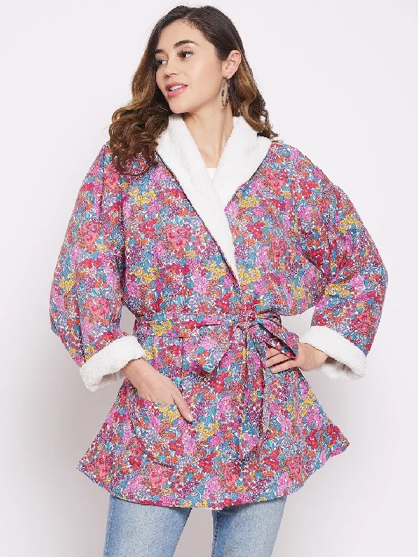 Pink Posy Linen Jacket Hoodie Zip-Up Jacket Button-Up Jacket