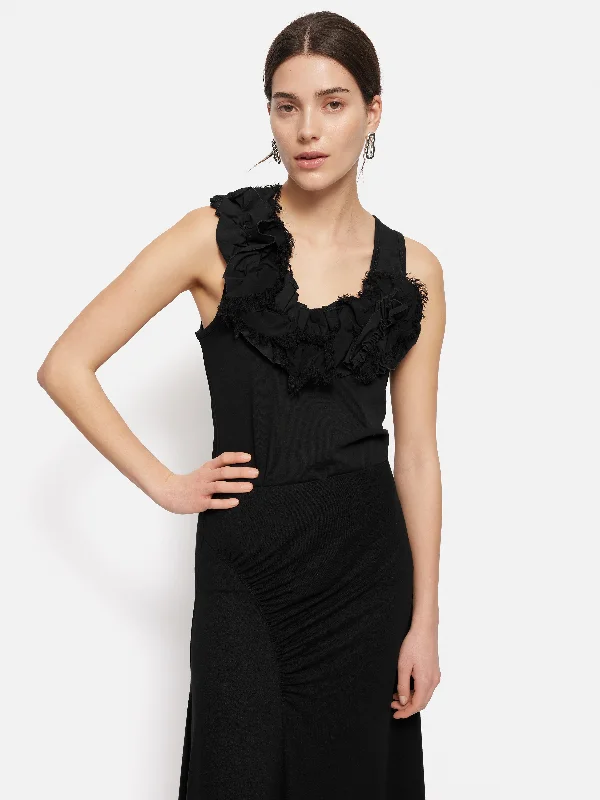 Ruffle Trim Jersey Top | Black Ruby Red Jersey Shirt