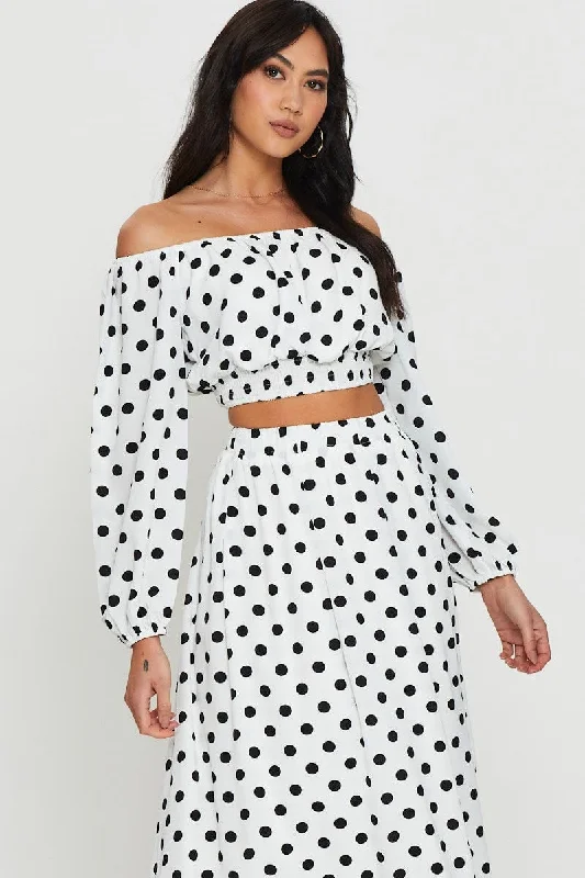 Polka Dot Crop Top Long Sleeve Off Shoulder Welt Pockets Slit Pockets Flap Pockets