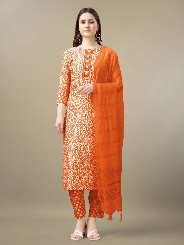 Women's Orange Rayon Embroidery & Sequence Work Kurta With Trouser & Dupatta - Jyoti Fashion Trousers Capri Summer