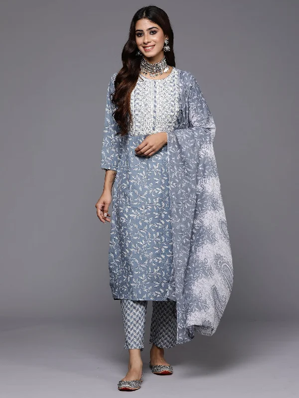 Women's Grey Embroidered Straight Kurta Trousers With Dupatta Set - Indo Era Trousers Yoga Stretchy