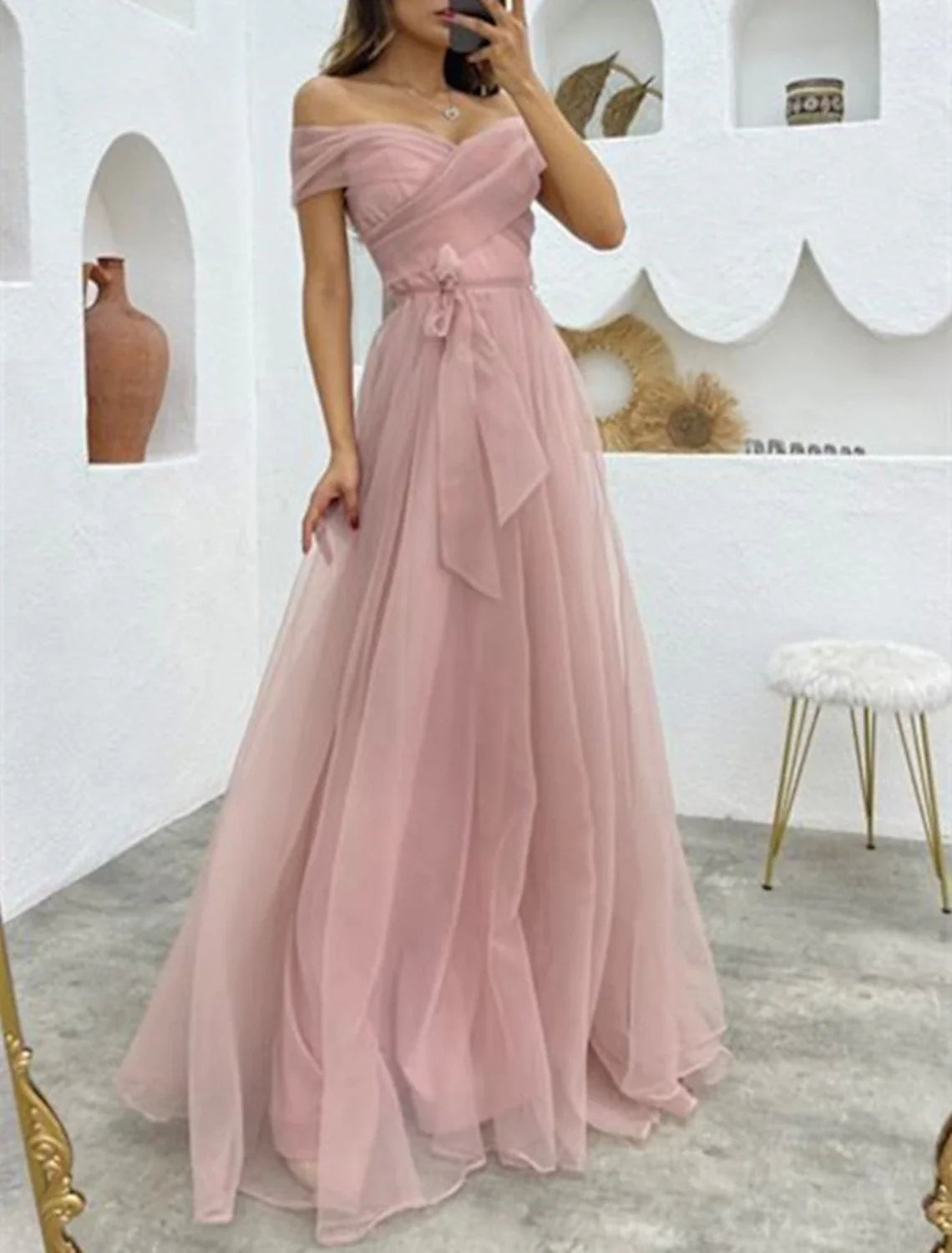 A-Line Evening Gown 1950s Dress Formal Wedding Reception Floor Length Sleeveless Off Shoulder Organza with Strappy Tunics Gym athletic