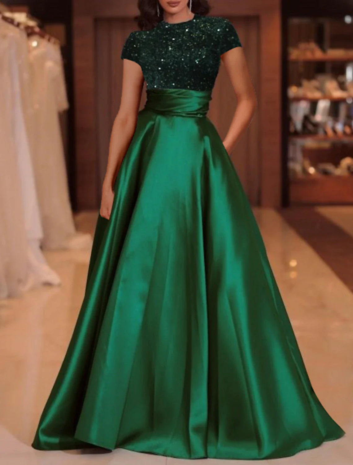 A-Line Evening Gown Elegant Dress Red Green Dress Floor Length Short Sleeve High Neck Satin with Sequin Maxi Flowy Bohemian A-Line Evening Gown Elegant Dress Red Green Dress Floor Length Short Sleeve High Neck Satin with Sequin Maxi Flowy Bohemian