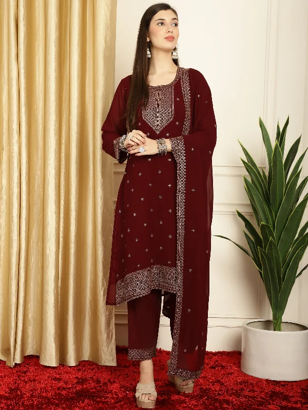 Women's Maroon Georgette Resham Thread & Sequin Kurta With Trouser & Dupatta - Jyoti Fashion Trousers Modern Contemporary