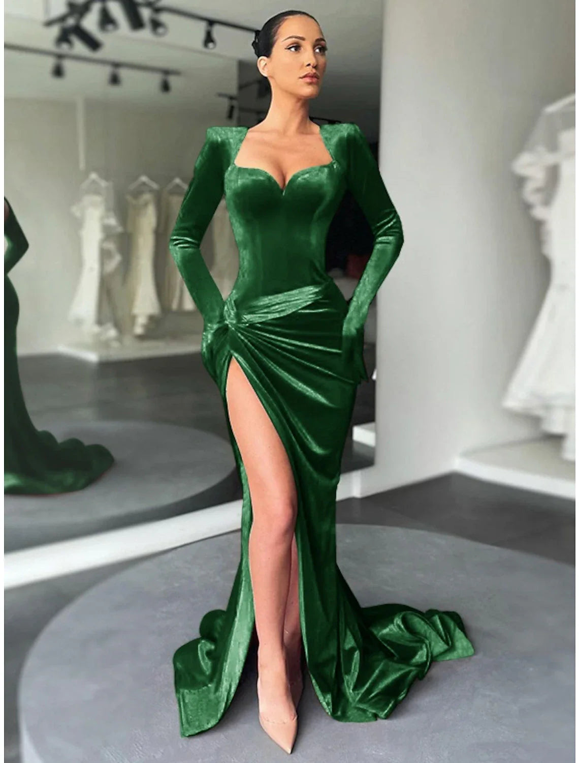 Mermaid / Trumpet Evening Gown Elegant Dress Formal Wedding Court Train Long Sleeve Square Neck Velvet Tunics New arrival Mermaid / Trumpet Evening Gown Elegant Dress Formal Wedding Court Train Long Sleeve Square Neck Velvet Tunics New arrival