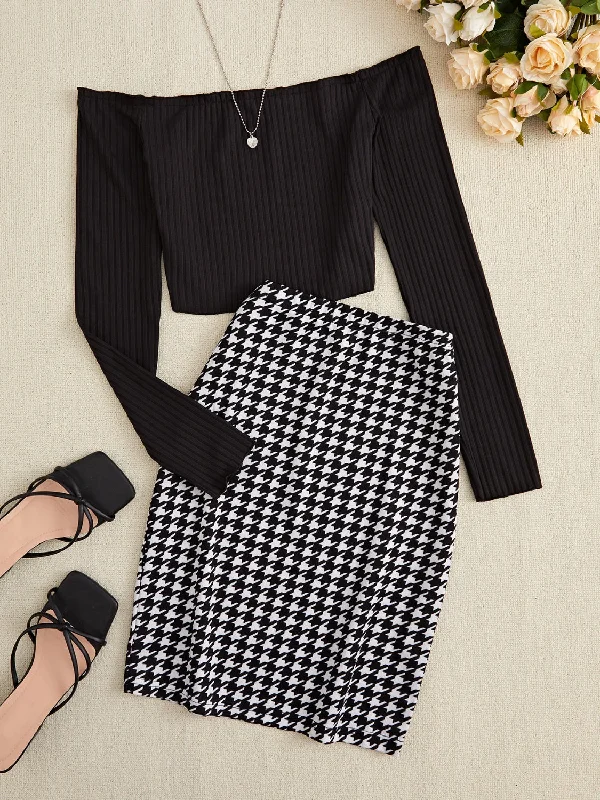 Hazel Blues® |  Off-Shoulder Long Sleeve Top and Houndstooth Skirt Set linen skirt airy