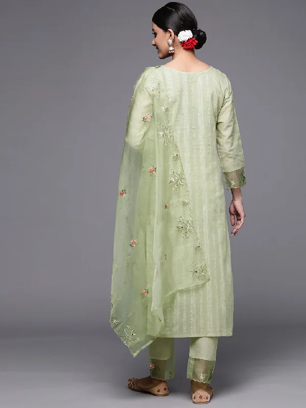 Women's Green Floral Embroidered Straight Kurta Trouser With Dupatta Set - Indo Era Trousers versatile functional