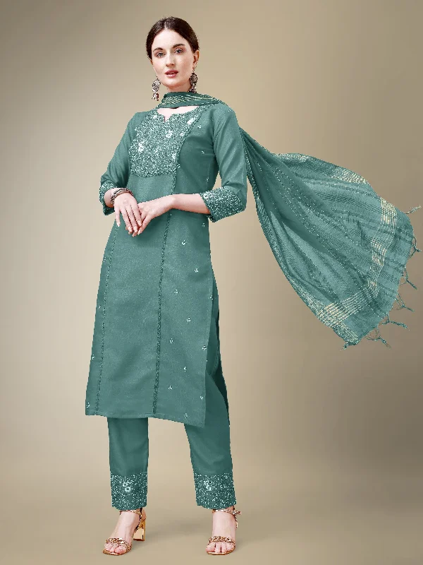 Women's Teal Cotton Blend Embroidery & Fancy Lace Work Kurta With Trouser & Dupatta - Jyoti Fashion Trousers Velvet Soft