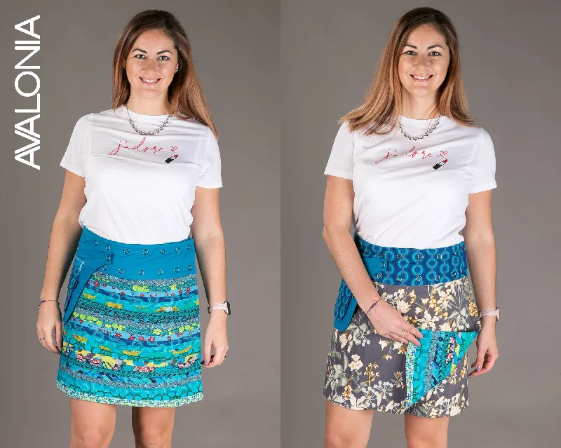 Reversible Cotton Skirt Blue Patch Blue Print with Pocket spandex blend skirt
