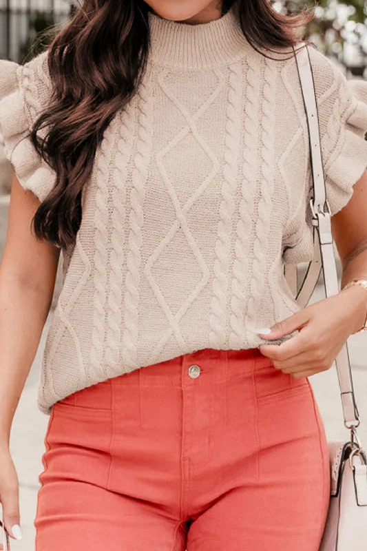 Cable-Knit Ruffled Mock Neck Sweater Vest Solid Print Embellished