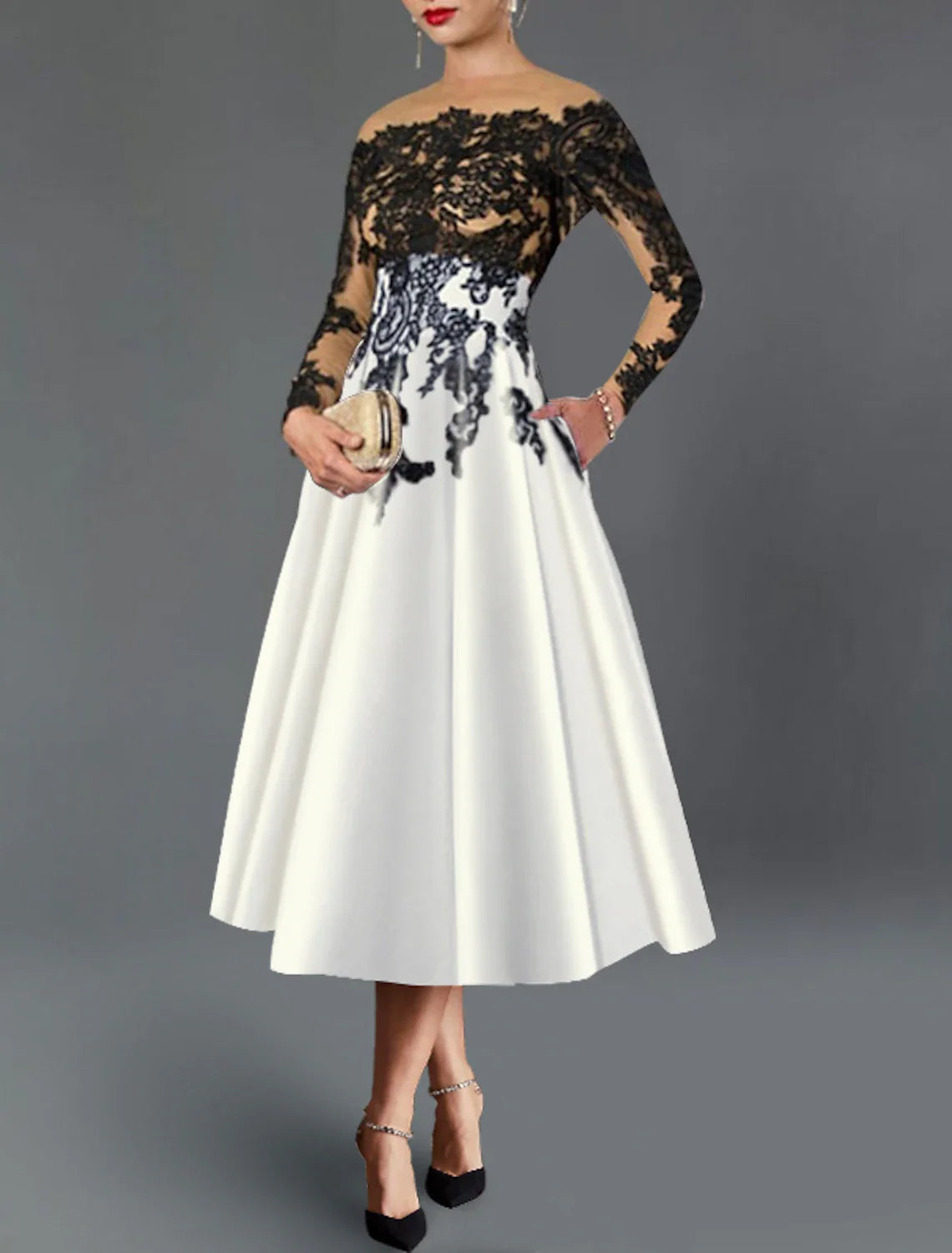 A-Line Cocktail Dresses Elegant Dress Fall Wedding Guest Dress For Mother Color Block Formal Tea Length 3/4 Length Sleeve Off Shoulder Pocket Satin with Embroidery Pocket Tunics Fall fleece A-Line Cocktail Dresses Elegant Dress Fall Wedding Guest Dress For Mother Color Block Formal Tea Length 3/4 Length Sleeve Off Shoulder Pocket Satin with Embroidery Pocket Tunics Fall fleece