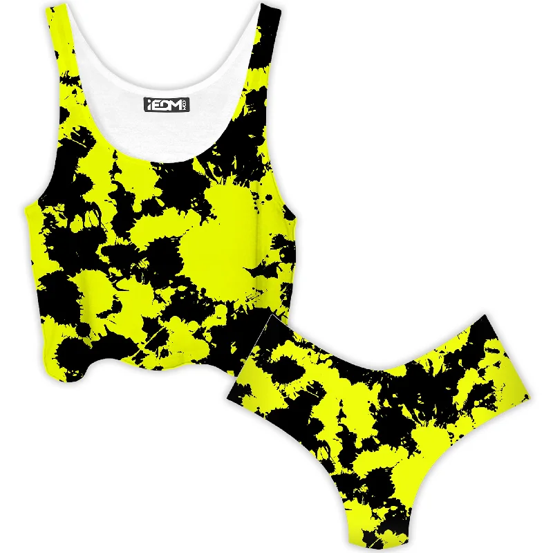 Yellow and Black Paint Splatter Crop Top and Booty Shorts Combo Boxy Fit Fitted Loose