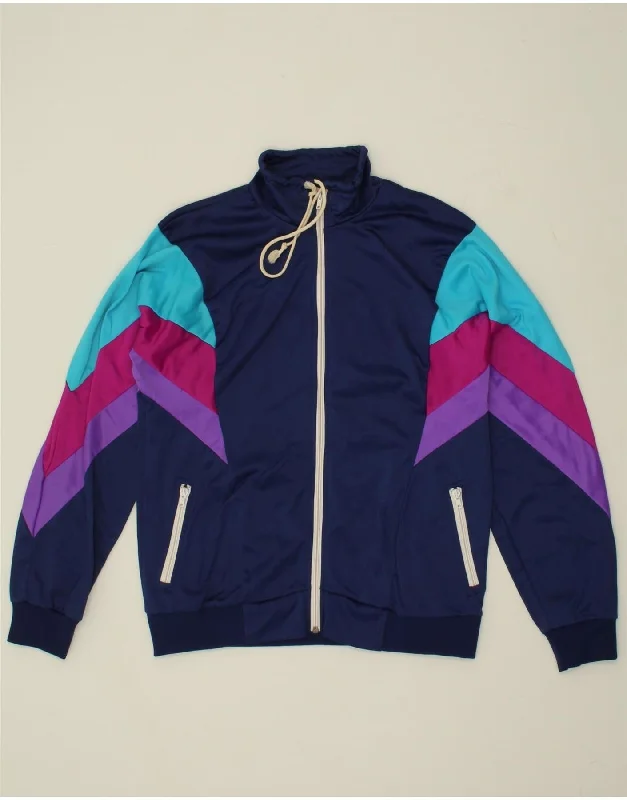 VINTAGE Womens Tracksuit Top Jacket UK 16 Large Navy Blue Colourblock Jacket Blazer Coat