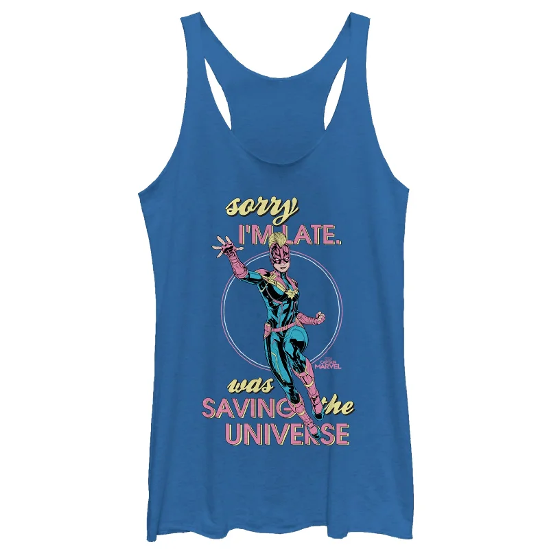 Women's Marvel Captain Marvel Sorry Saving Universe Racerback Tank Top navy tank top