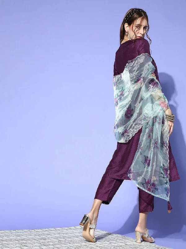 Women's Purple Solid Straight Kurta Trouser With Dupatta Set - Indo Era Trousers Harem Relaxed Fit