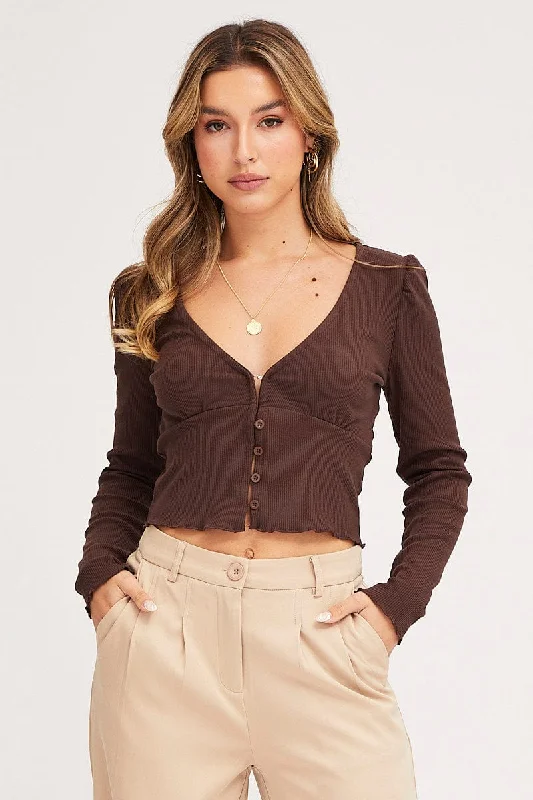 Brown Crop Top Long Sleeve Collared Crew Neck Turtle Neck