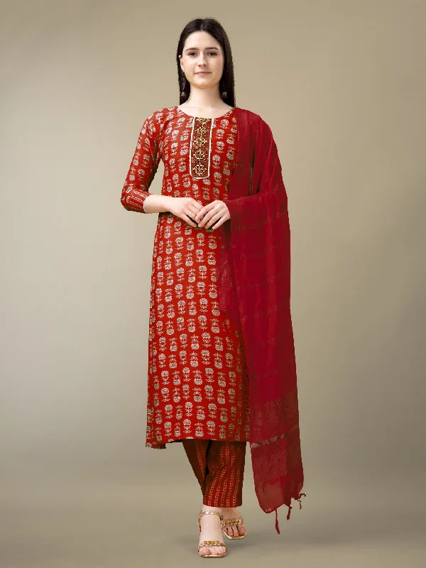 Women's Maroon Rayon Embroidery & Sequence Work Kurta With Trouser & Dupatta - Jyoti Fashion Trousers Cargo pockets