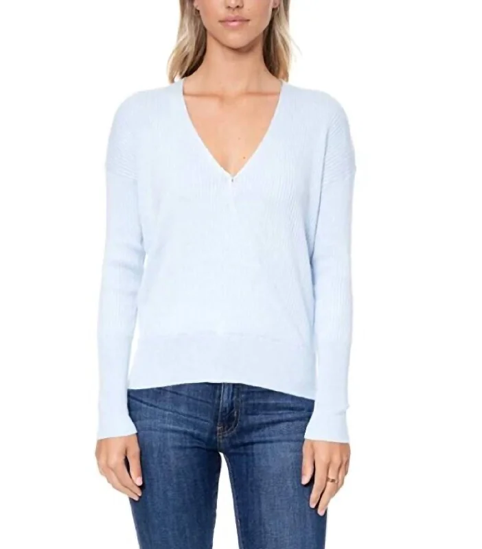 Surplice Ribbed Faux Wrap V Neck Sweater In Blue Hooded Sweater Collared Sweater Shawl Collar