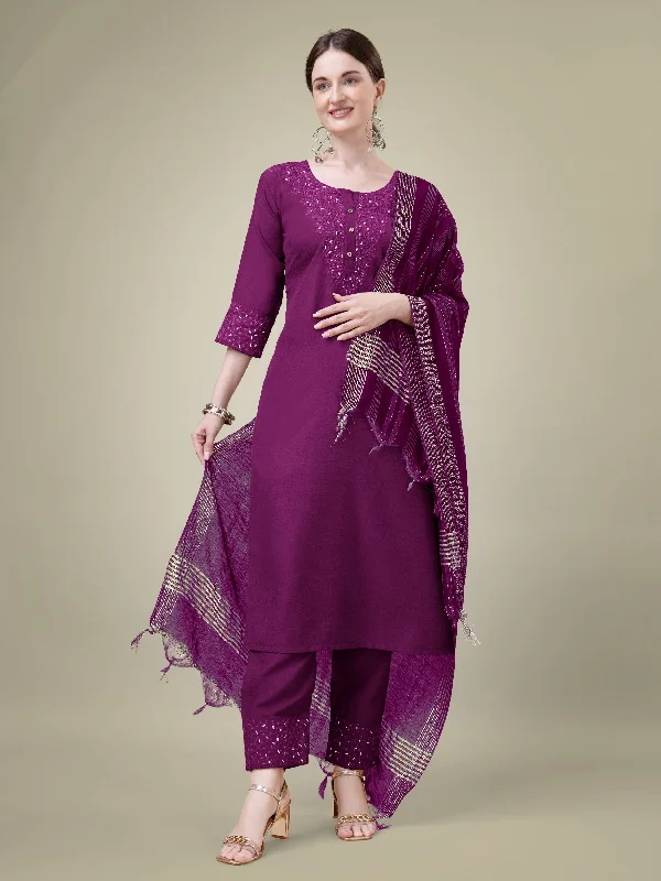 Women's Purple Cotton Blend Embroidery & Sequence Work Kurta With Trouser & Dupatta - Jyoti Fashion Trousers Party Sparkling