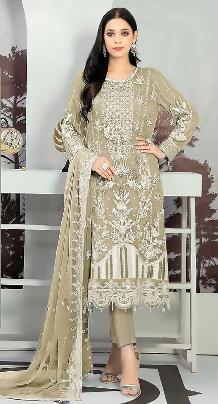 Women's Mehendi Organza Embroidered With Handwork Kurta With Trouser & Dupatta - Jyoti Fashion Trousers fashionable trendy
