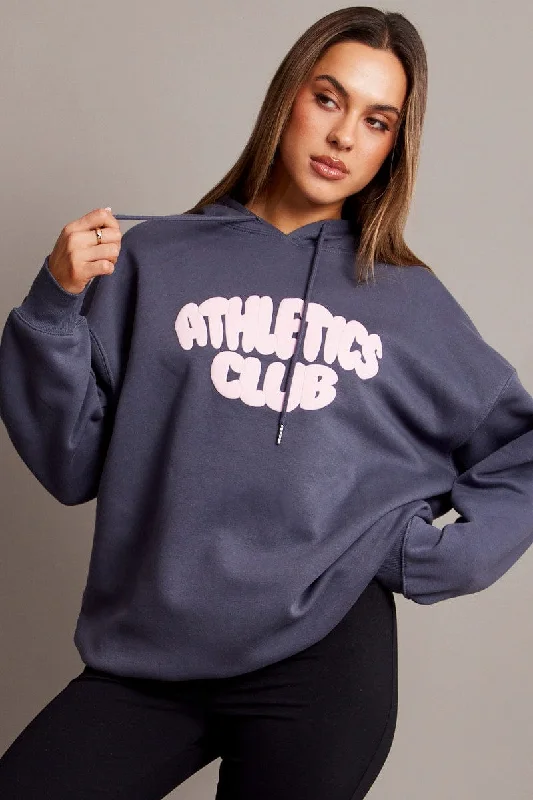 Blue Graphic Hoodie Sweater Long Sleeve Toggled Drawstring Belted