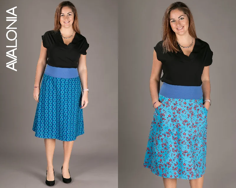 Reversible Midi Skirt Blue Floral Geometric Print with Pockets elastic waist skirt