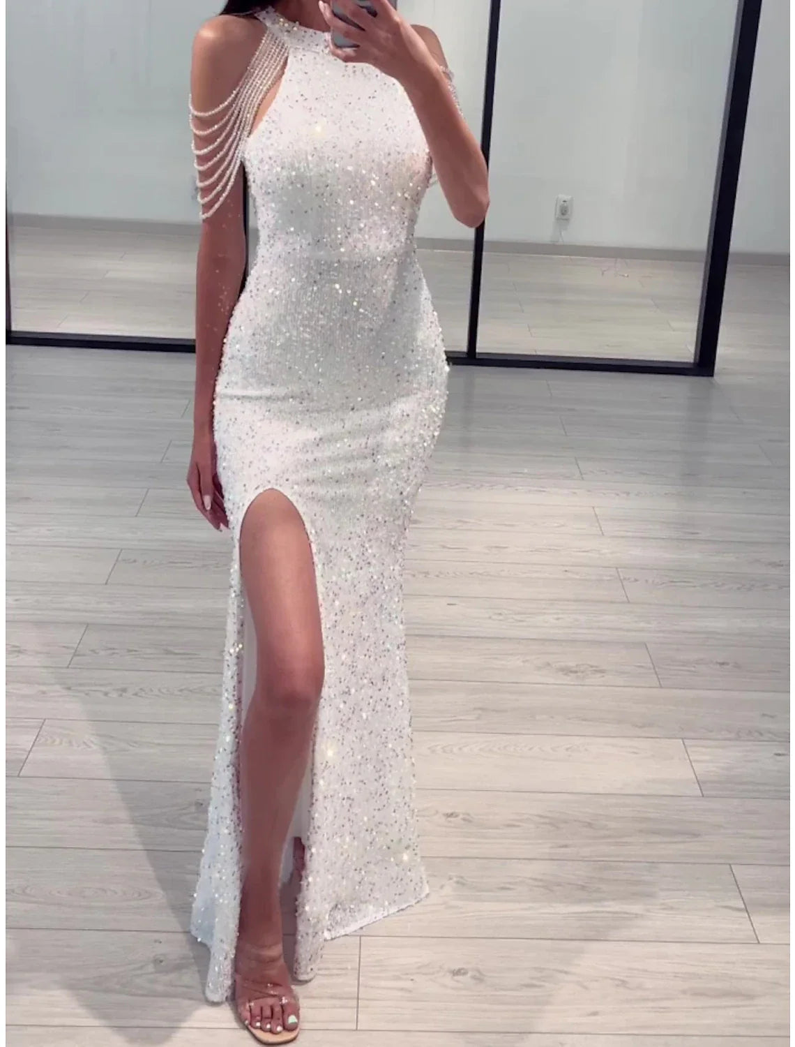 Sheath / Column Evening Gown Elegant Dress Formal Floor Length Sleeveless Jewel Neck Sequined with Glitter Slit Tunics Occasion special Sheath / Column Evening Gown Elegant Dress Formal Floor Length Sleeveless Jewel Neck Sequined with Glitter Slit Tunics Occasion special