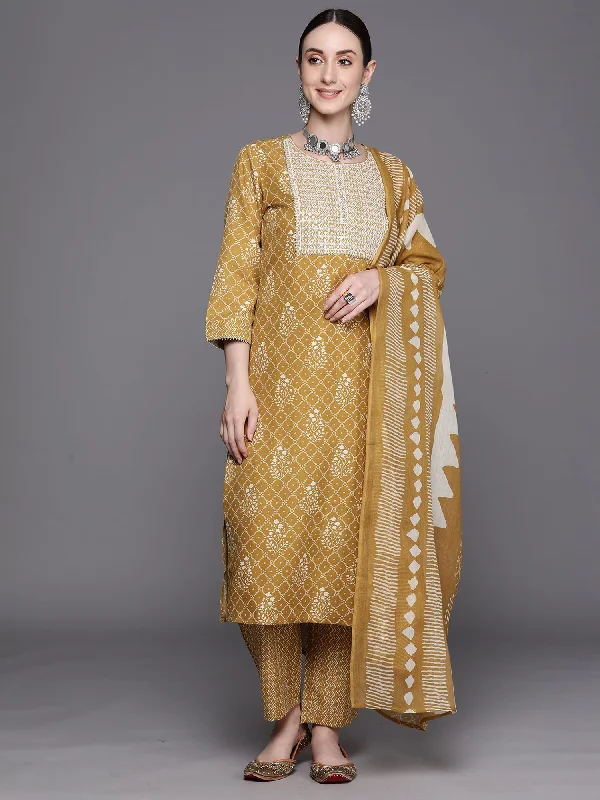 Women's Mustard Printed Straight Kurta Trousers With Dupatta Set - Indo Era Trousers Culottes Wide Leg