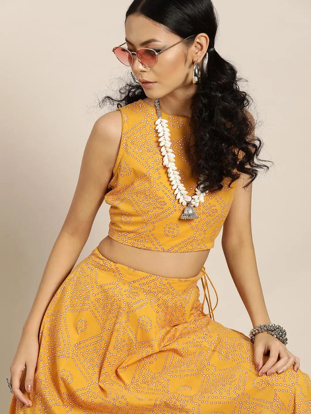 Mustard Bandhej Sleeveless Crop Top With Anarkali Skirt Rayon Fabric Velvet Fabric Corduroy Fabric