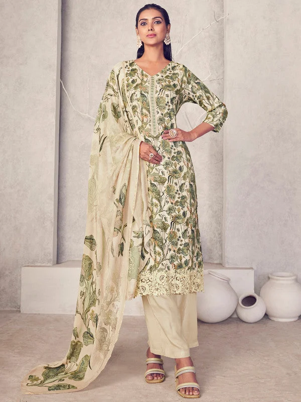 Women's Cream Pure Pashmina Digital Print With Jacquard Woven Kurta With Trouser & Dupatta - Jyoti Fashion Trousers Velvet Soft