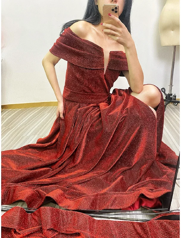 A-Line Evening Gown Sparkle & Shine Dress Formal Fall Court Train Sleeveless Off Shoulder Sequined with Sequin Slit Tunics Practical easy-care A-Line Evening Gown Sparkle & Shine Dress Formal Fall Court Train Sleeveless Off Shoulder Sequined with Sequin Slit Tunics Practical easy-care
