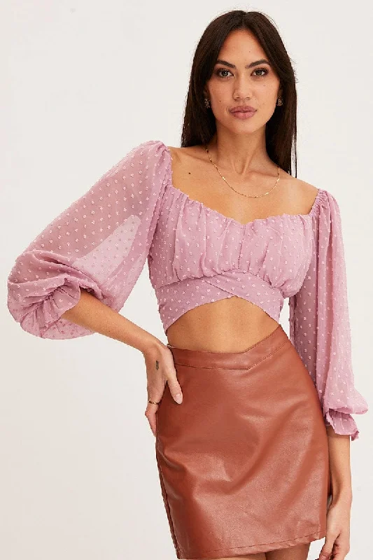 Pink Crop Top Long Sleeve Knit Fabric Woven Fabric Fleece Fabric