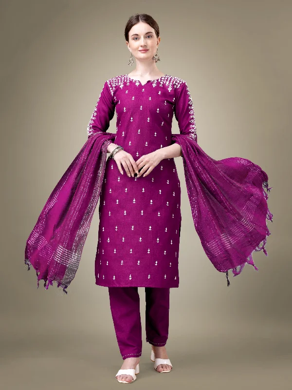 Women's Purple Cotton Blend Embroidery & Sequence Work Kurta With Trouser & Dupatta - Jyoti Fashion Trousers Trousers Formal