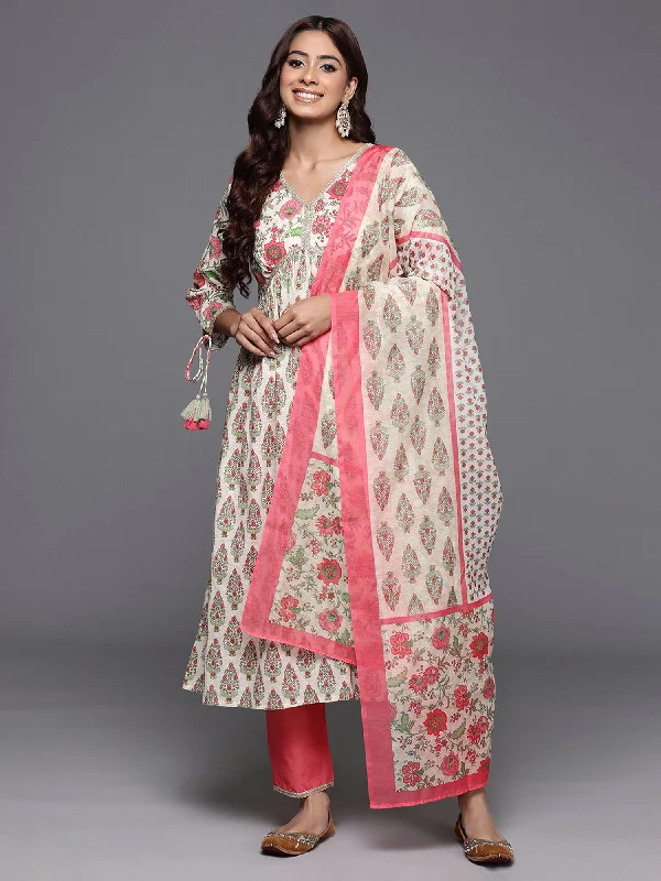 Women's Off White Printed A-Line Kurta Trousers With Dupatta Set - Indo Era Trousers Fleece Cozy