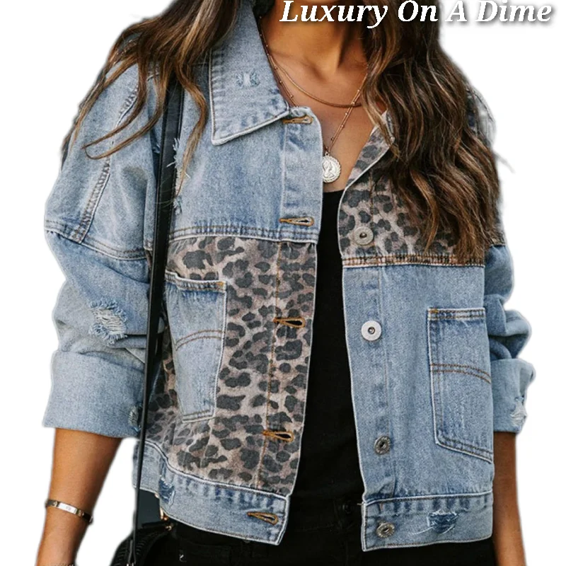 Retro Denim Leopard Patchwork Long Sleeve Distressed Blue Jean Button Jacket Fleece Jacket Down Jacket Feather Jacket