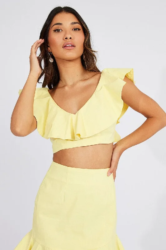 Yellow Plunge Crop Top Ruffle Shoulders Anti-Shrink Durable Soft