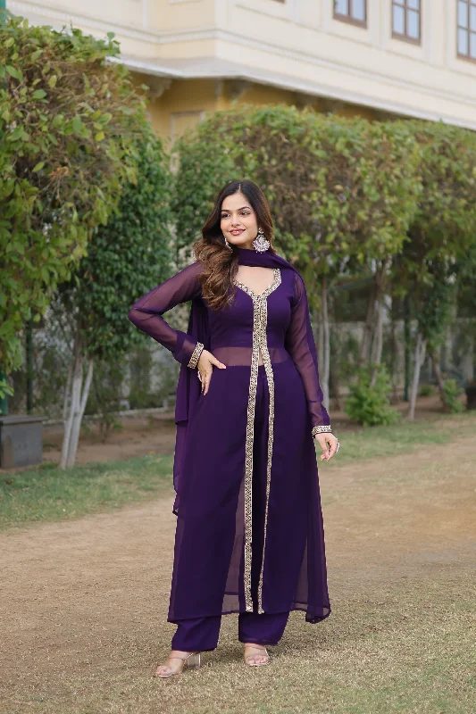 Women's Purple Faux Blooming Embroidered Kurta With Trouser & Dupatta - Jyoti Fashion Trousers Modern Contemporary