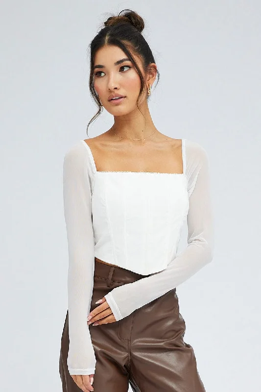 White Crop Top Long Sleeve Cotton Fabric Linen Fabric Terry Fabric