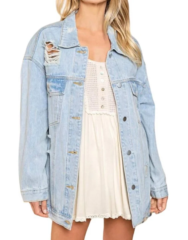 Je T'aime Mon Amour Distressed Denim Jacket In Denim Multi Rayon Fabric Velvet Fabric Corduroy Fabric
