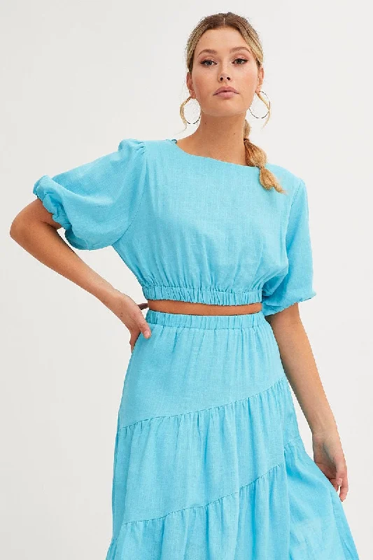 Blue Crop Top Puff Sleeve Nylon Fabric Polyester Fabric Spandex Fabric