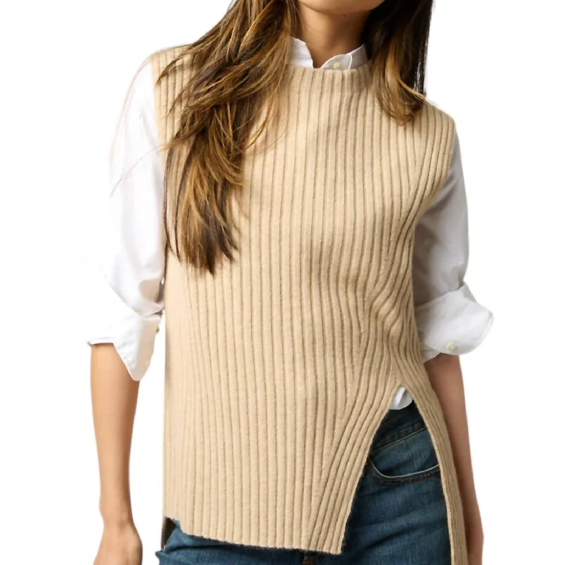 Sleeveless Funnel-Neck Sweater In Oatmeal Cashmere Open Front Closed Front Wrap Front
